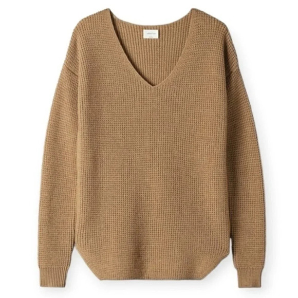 Aritzia Wilfred Free Wolter 100% Merino Wool Waffle Knit Sweater Camel Sz Medium - Picture 7 of 7
